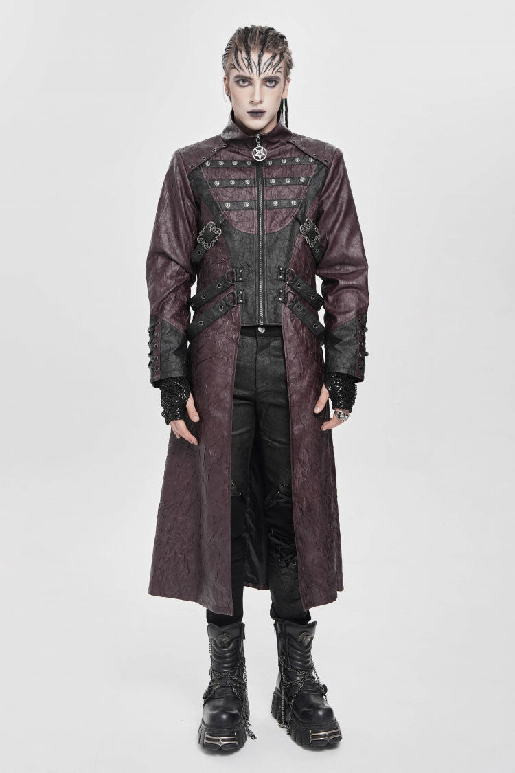 Red Stand Collar Zipper Straps Eyelet Men's Punk Coat - Red - 1