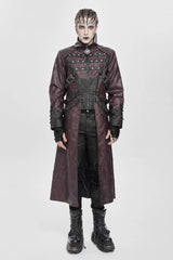 Red Stand Collar Zipper Straps Eyelet Men's Punk Coat - Red - 1