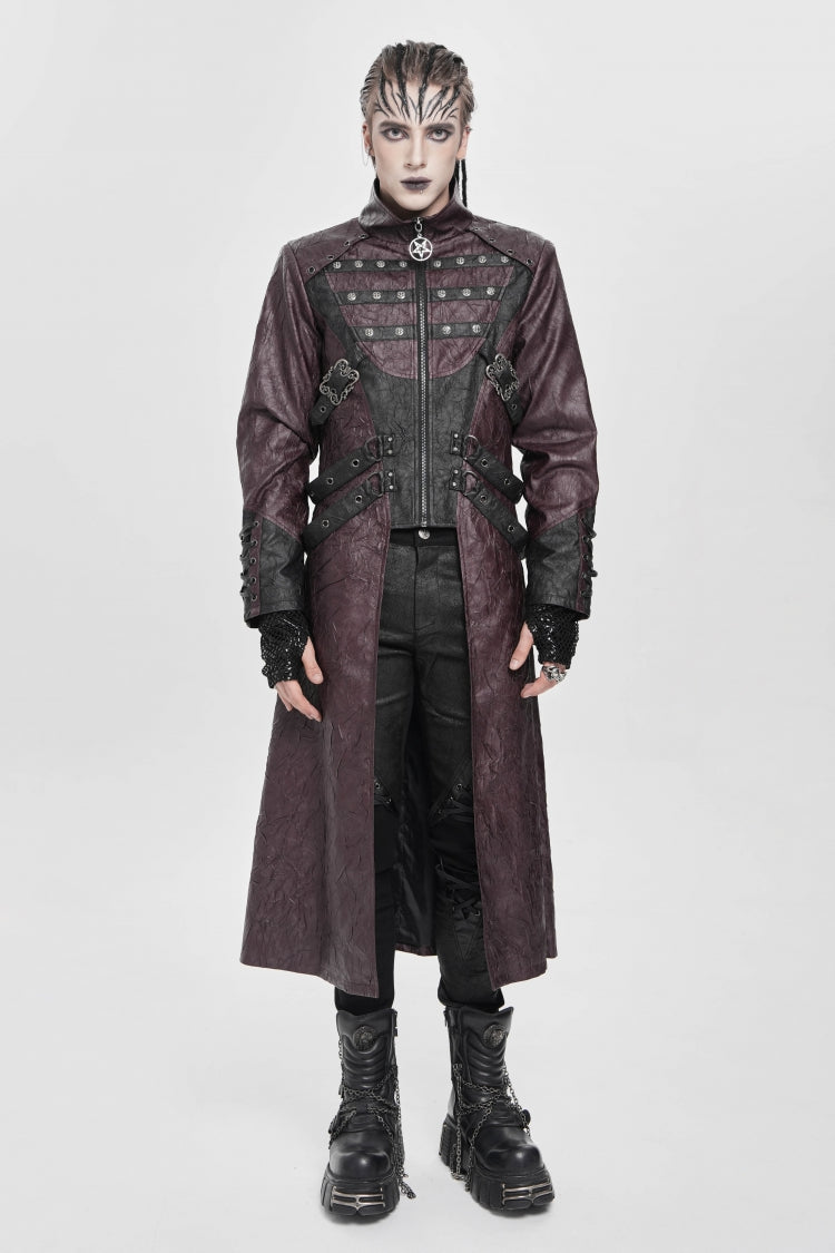 Red Stand Collar Zipper Straps Eyelet Men's Punk Coat - Red - 1