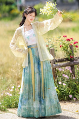 Multi-Color Long Sleeves High Waisted Print Embroidery Women's Sweet Chinese Style Hanfu Dress Full Set - Product - 2
