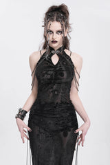 Black Halterneck Sleeveless Cheongsam Collar Side Slit Embroidery Women's Gothic Dress - Product - 6