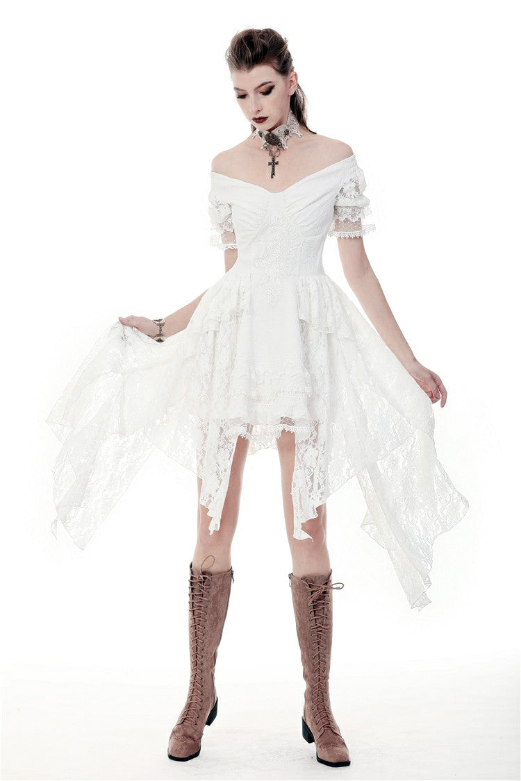 White Off Shoulder Lace Short Sleeves Lace-Up Women's Steampunk Luxurious Wedding Graduation Dress - Product - 10