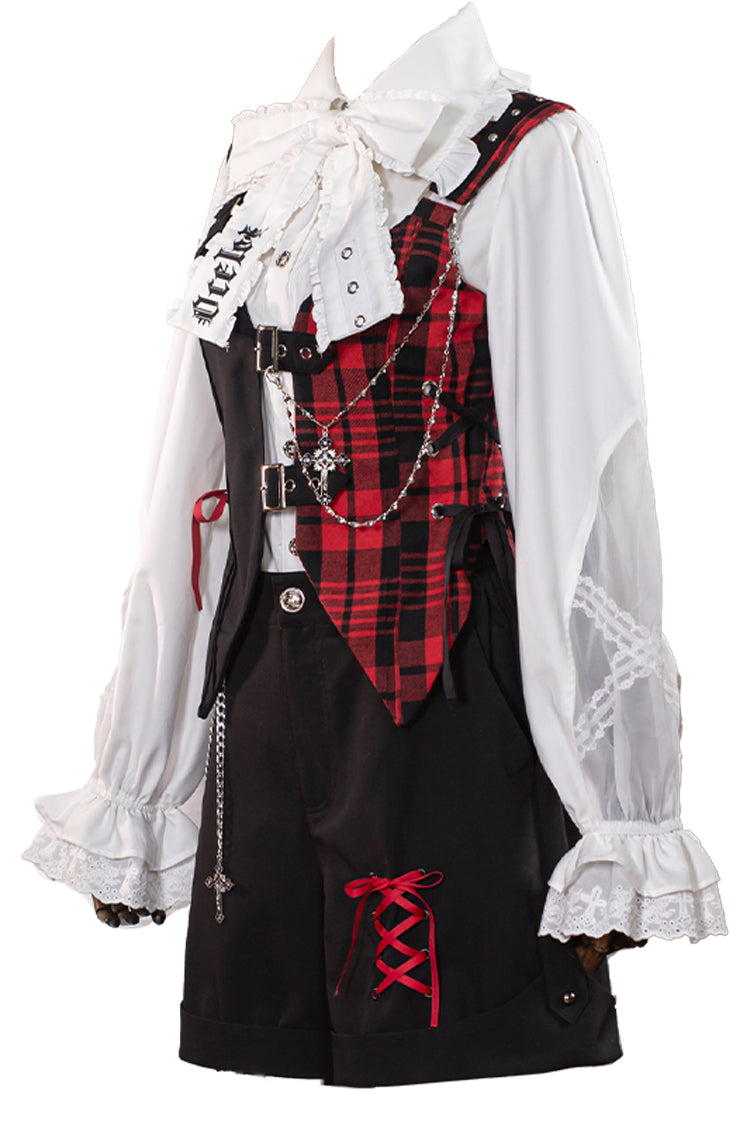Subculture Plaid Print Ouji Fashion Prince Lolita Blouse Shorts Vest Set - Red/Black - 5
