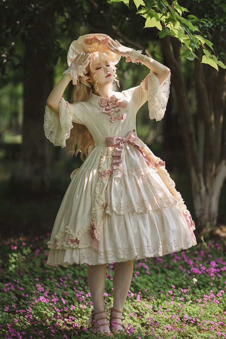 Ivory [Lilica Garden] Lapel Collar Short Trumpet Sleeves Ruffled Open-Front Bow Lace Sweet Elegant Luxurious Lolita Dress - Ivory - 1