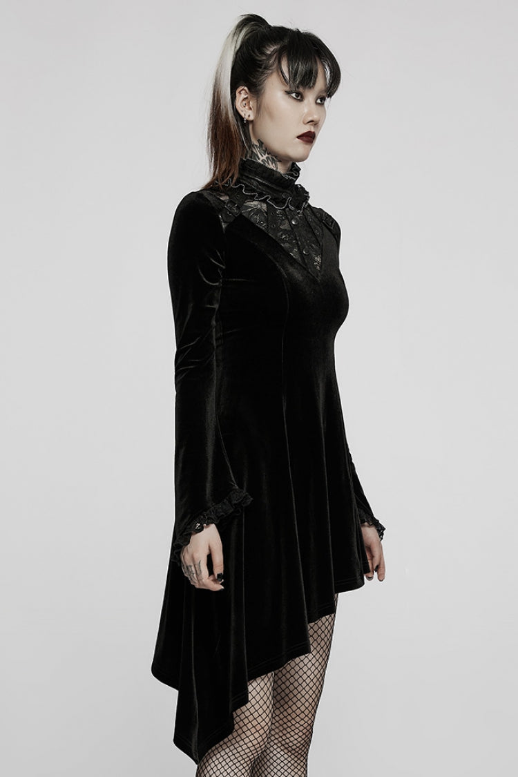 Long Trumpet Sleeves Stitching Lace Irregular Asymmetric Women's Gothic Dress 2 Colors - Product - 2