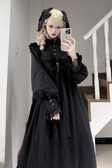 Black Long Sleeves Ruffle Bowknot Lace Gothic Lolita Home Wear Nightdress - Product - 2