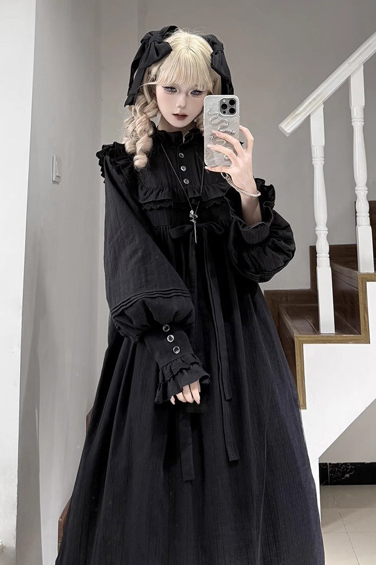 Black Long Sleeves Ruffle Bowknot Lace Gothic Lolita Home Wear Nightdress - Product - 2