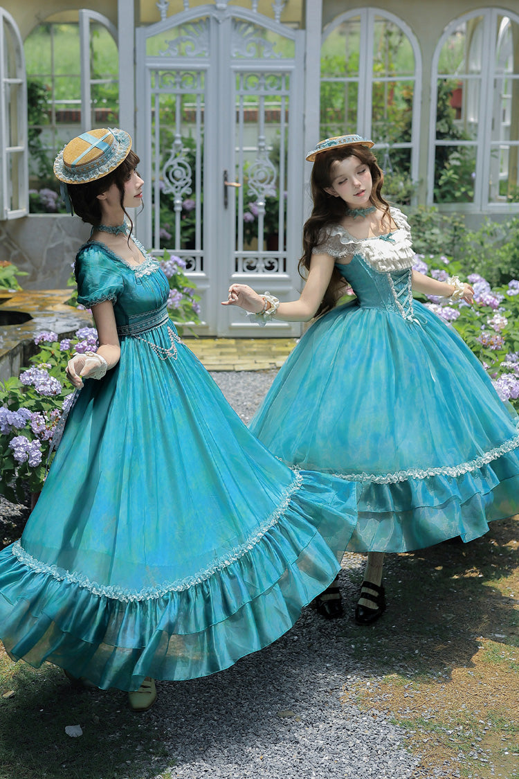 Blue/Green [Water Lily] Square Collar Ruffled Lace-Up Sweet Royal Lolita Dress 2 Versions - Product - 12