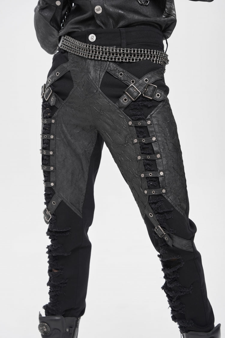 Black Ripped Buckle Straps Men's Punk Pants - Product - 8