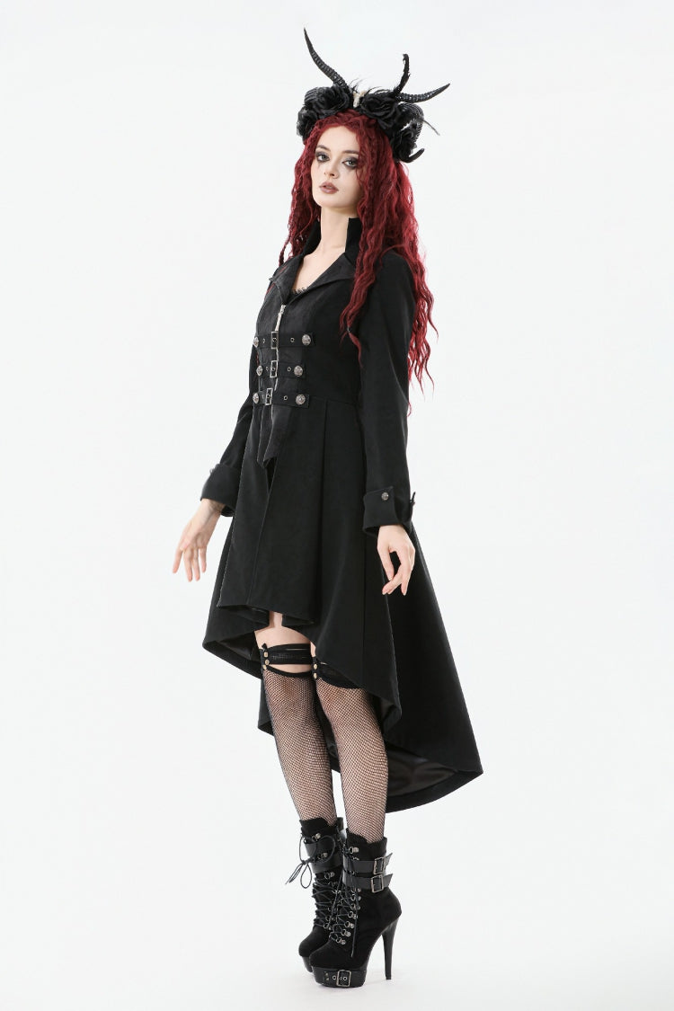 Black Lapel Collar Long Sleeves Lace-Up Irregular Bouble-breasted Buckle-up Women's Gothic Coat - Product - 11