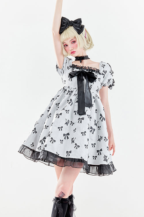 White Square Neckline Butterfly Print Short Sleeves Fungus Ruffled Sweet Lolita OP Dress - Product - 3
