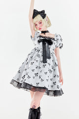 White Square Neckline Butterfly Print Short Sleeves Fungus Ruffled Sweet Lolita OP Dress - Product - 3