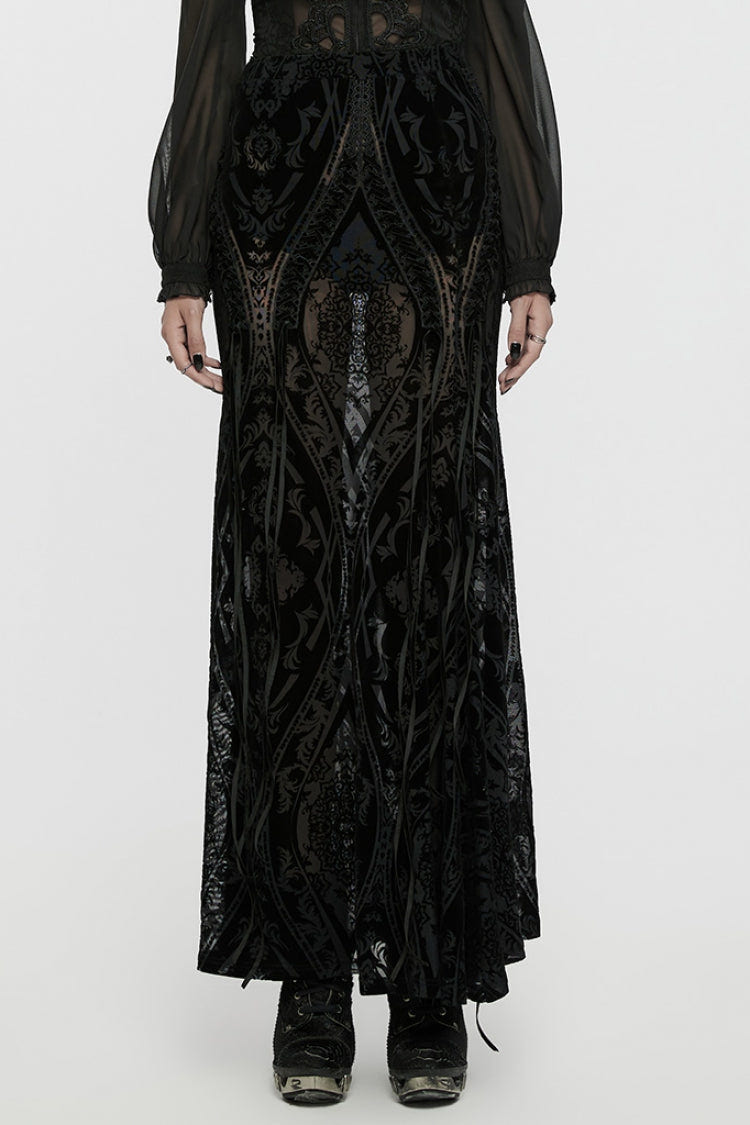 Black Embroidery Lace-Up Sheer Mesh Women's Gothic Skirt - Black - 1
