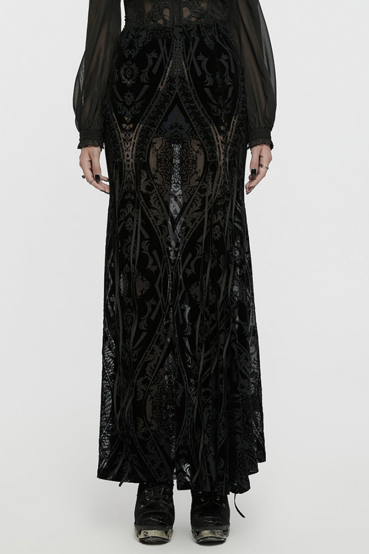 Black Embroidery Lace-Up Sheer Mesh Women's Gothic Skirt - Black - 1