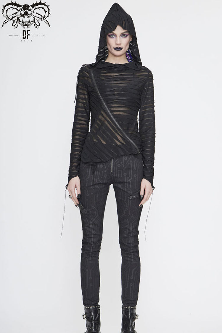 Black Hooded Three-Dimensional Twisted Knitted Inclined Zipper Irregular Hem Women's Punk Shirt - Product - 6