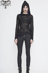 Black Hooded Three-Dimensional Twisted Knitted Inclined Zipper Irregular Hem Women's Punk Shirt - Product - 6