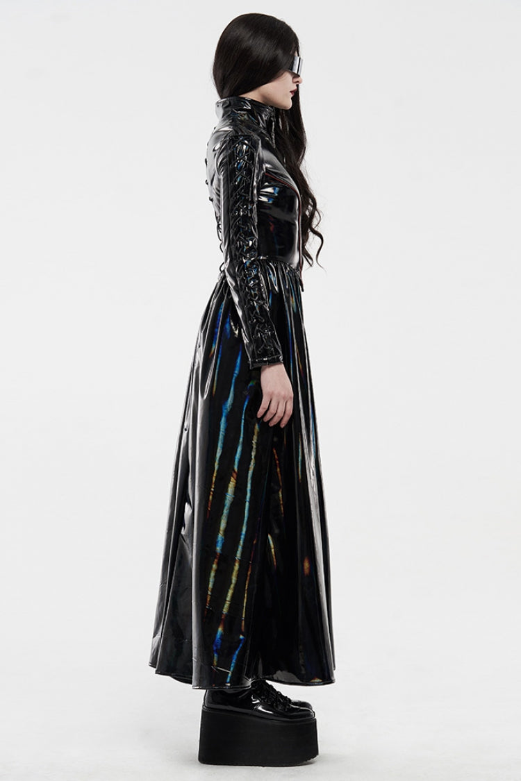 Black Stand Collar Long Sleeves Metal Zipper Lace-Up Womens Steampunk Coat - Product - 2