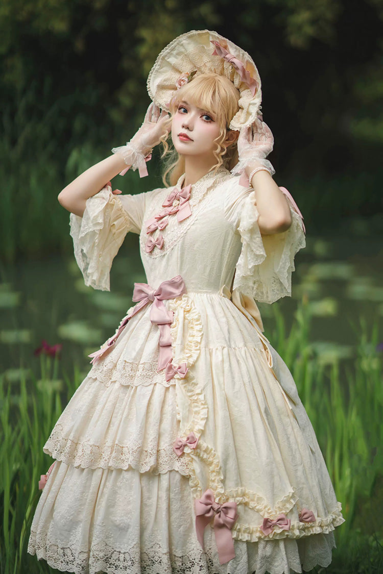 Ivory [Lilica Garden] Lapel Collar Short Trumpet Sleeves Ruffled Open-Front Bow Lace Sweet Elegant Luxurious Lolita Dress - Product - 4