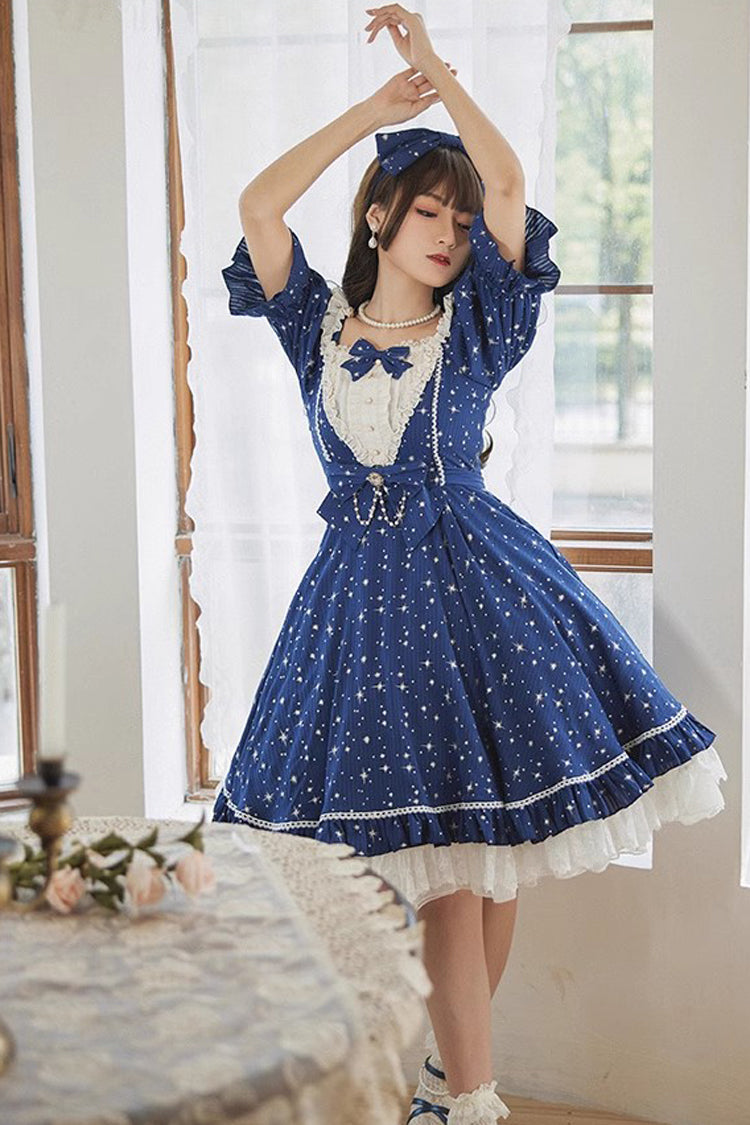 Midsummer Galaxy Shiny Star Print Short Sleeves Ruffle Bowknot Sweet Lolita OP Dress - Product - 6