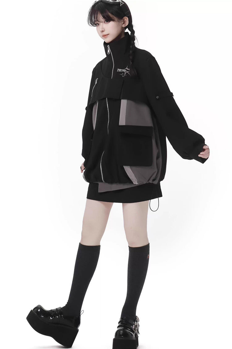 Black [Holographic Cruise] Techwear Long Sleeves Spliced Zippered Gothic Jirai Kei Skirt and Coat Set - Product - 7