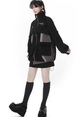 Black [Holographic Cruise] Techwear Long Sleeves Spliced Zippered Gothic Jirai Kei Skirt and Coat Set - Product - 7