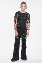 Black Round Collar Mesh Stitching Men's Punk T-Shirt - Product - 2