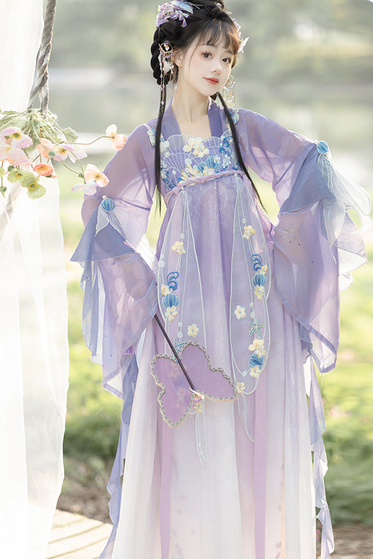 Purple [Princess Of The Sea] Hime Sleeves High Waisted Embroidered Women's Sweet Hanfu Dress Set - Product - 3
