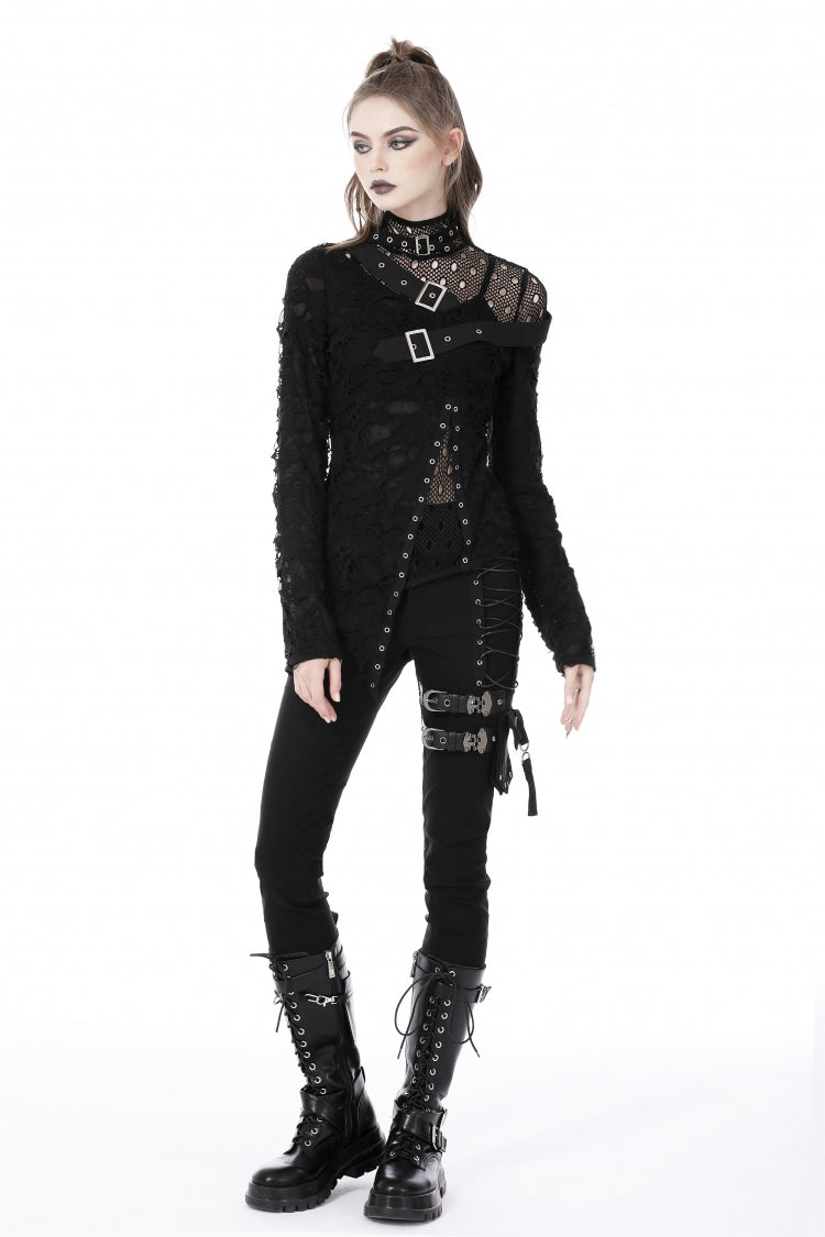 Black Women's Punk Long Sleeves Buckled Asymmetric Ripped Sheer Mesh Splice Top - Product - 8