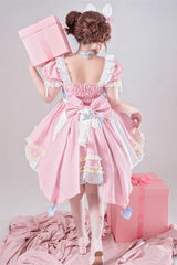Pink Short Sleeves Multi-Layered Ruffle Bowknot Sweet Princess Lolita Dress Full Set - Product - 4
