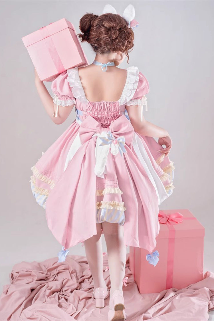 Pink Short Sleeves Multi-Layered Ruffle Bowknot Sweet Princess Lolita Dress Full Set - Product - 4