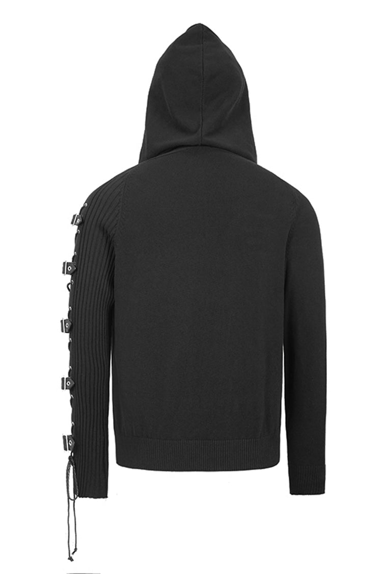 Black Asymmetrical Sleeves Leather Loop Lace-Up Hooded Men's Punk Sweater - Product - 6