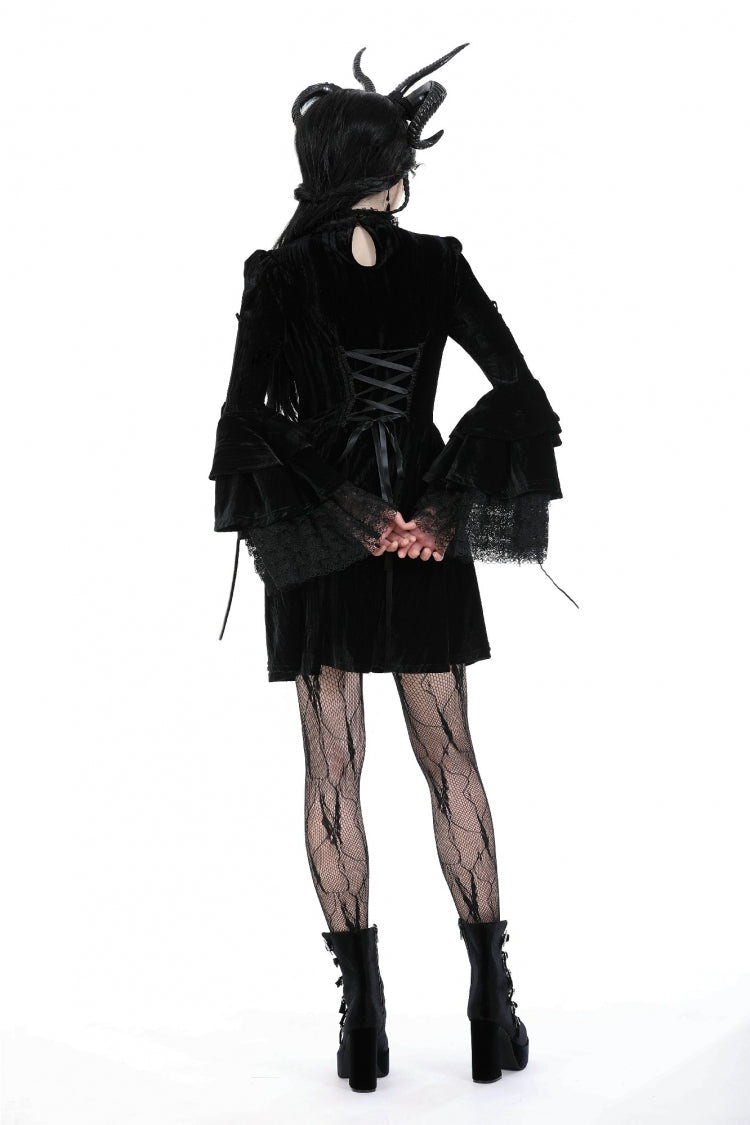 Black Women's Gothic Cross Lace Ruffled Stand Collar Long Flared Sleeves Lace-Up Velvet Dress - Product - 4
