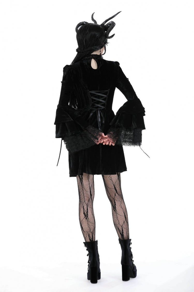 Black Women's Gothic Cross Lace Ruffled Stand Collar Long Flared Sleeves Lace-Up Velvet Dress - Product - 4