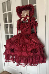 Red [Rose Manor] Square Collar Short Sleeves Ruffled Bow Lace Classic Lolita Dress - Product - 2