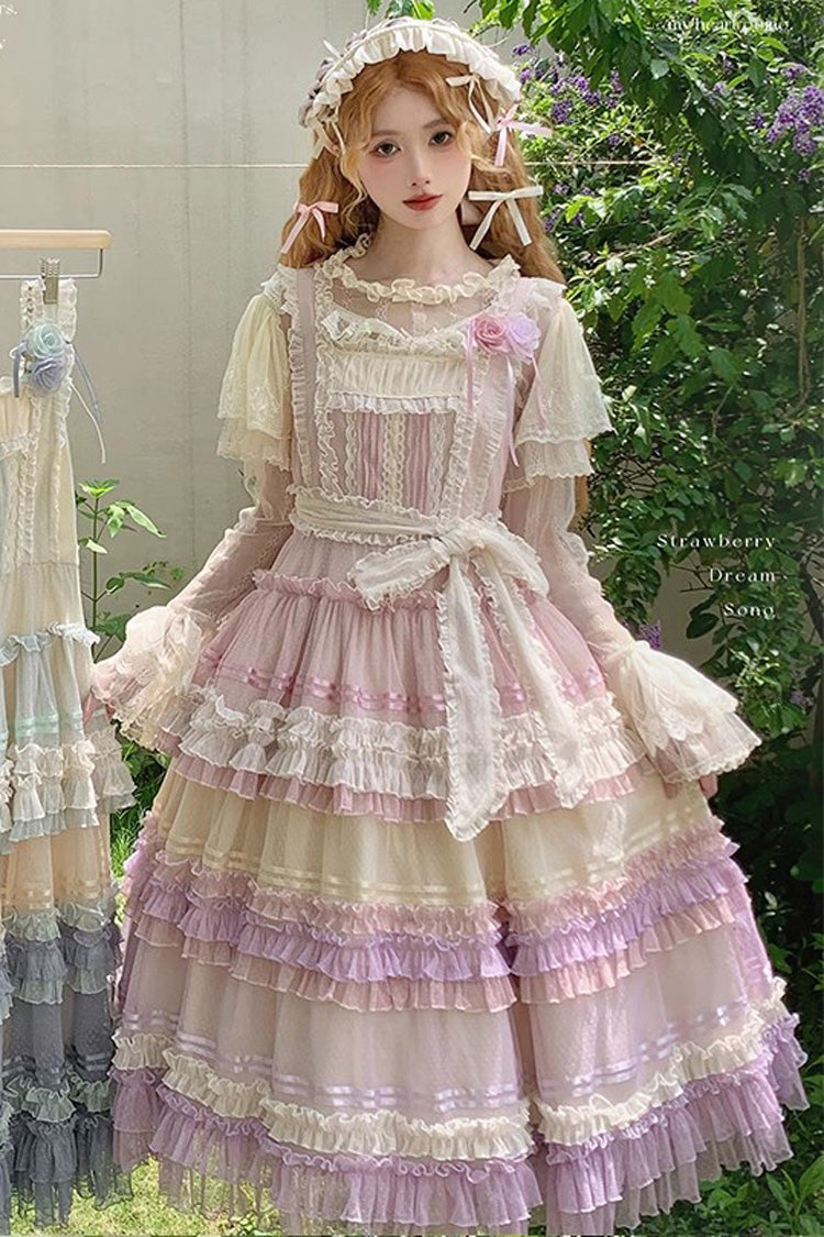 Rainbow Cloud Gradient Triple-Layered Ruffle Bowknot Sweet Lolita Jsk Dress 2 Colors - Pink/Purple - 2