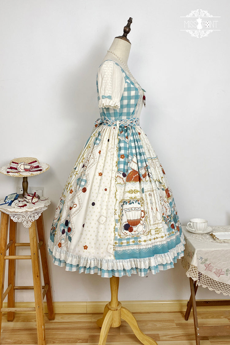 Blue/Green [Tea Party] Short Sleeves Print Ruffle Bowknot Lace Sweet Elegant Lolita Dress - Product - 11