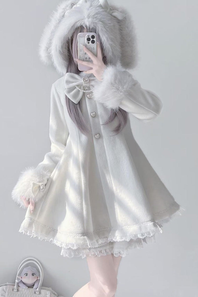 Ivory Long Sleeves Bowknot Rabbit Ears Detachable Hooded Japanese Jirai Kei Coat - Ivory - 1