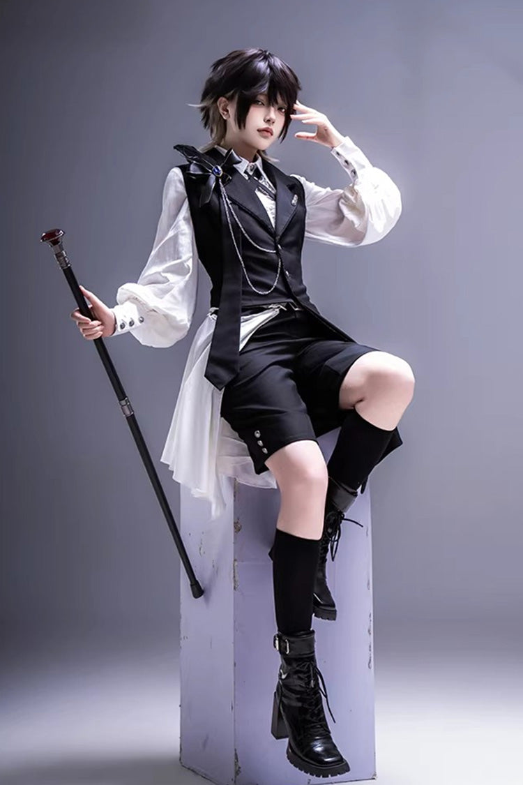 Black/White [Black Tea Concerto] Bow Asymmetric Ouji Fashion Gothic Prince Lolita Vest Top Shorts Set - Product - 3