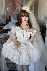 White [White Feather Promise] Sleeveless Multi-Layered Ruffled Hanayome Bow Lace Sweet Lolita Jsk Dress - Product - 3