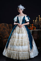 Blue/Apricot Off Shoulder Short Sleeves Ruffle Cardigan Bowknot Lace Classic Princess Palace Lolita Victorian Dress - Product - 2