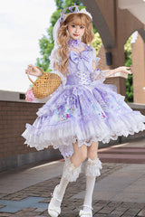 Purple [Wisteria Garden] Square Collar Triple-Layered Printed Ruffled Bow Lace Sweet Lolita Dress Set - Product - 5