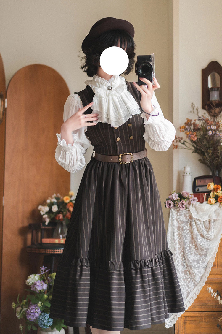 White [Misty Forest] Stand Collar Long Sleeves Ruffled Sweet Vintage Elegant Lolita Blouse - Product - 2