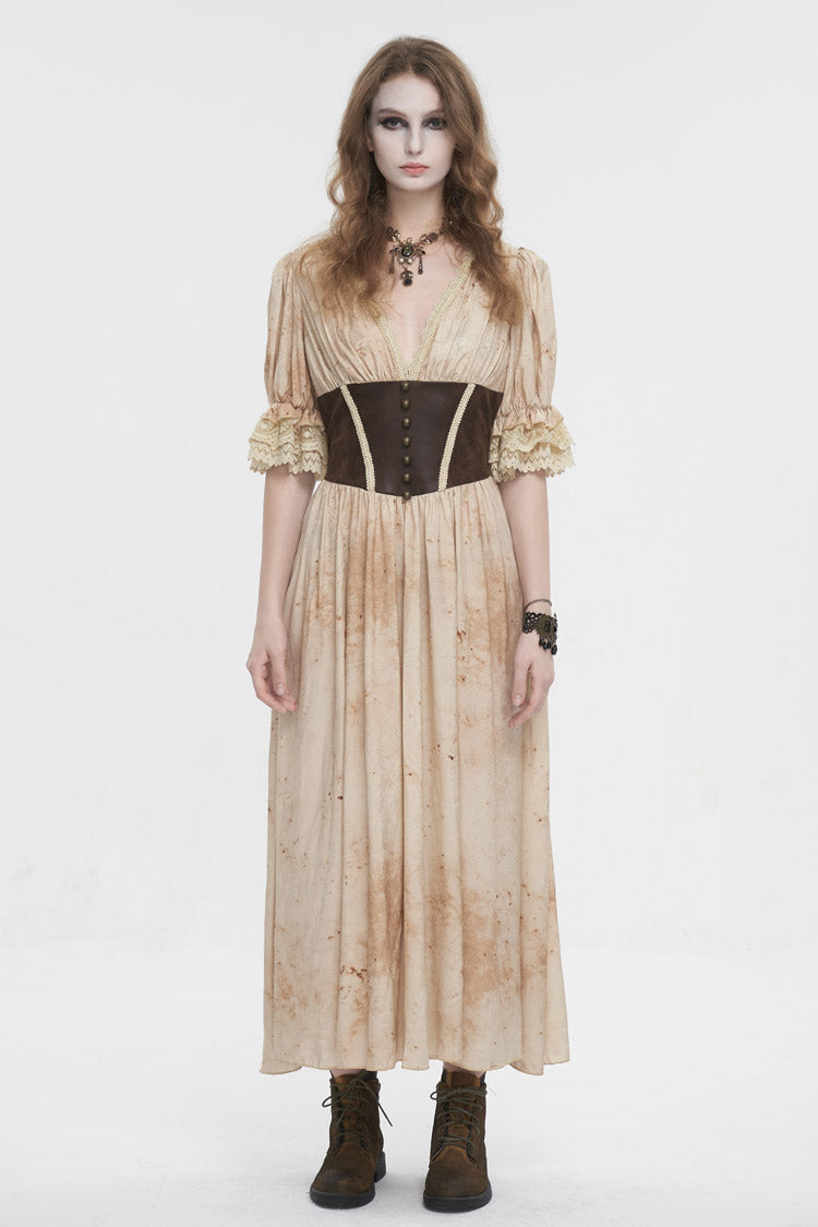 Apricot Plunging Puff Sleeved High Waisted Lace Hem Long Women's Punk Dress - Product - 4