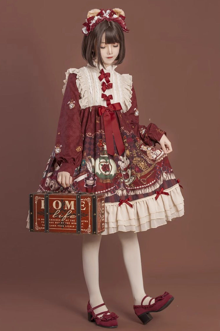 [Rabbit and Bear Feast]  Long Sleeves Multi-Layered Print Ruffle Bowknot Sweet Lolita Dress 2 Colors - Red - 1