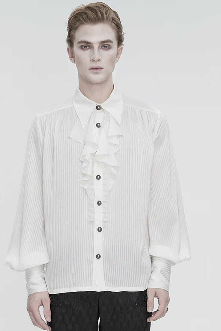 White Puff Sleeved Ruffled Lace Splice Men's Gothic Shirt - Product - 3