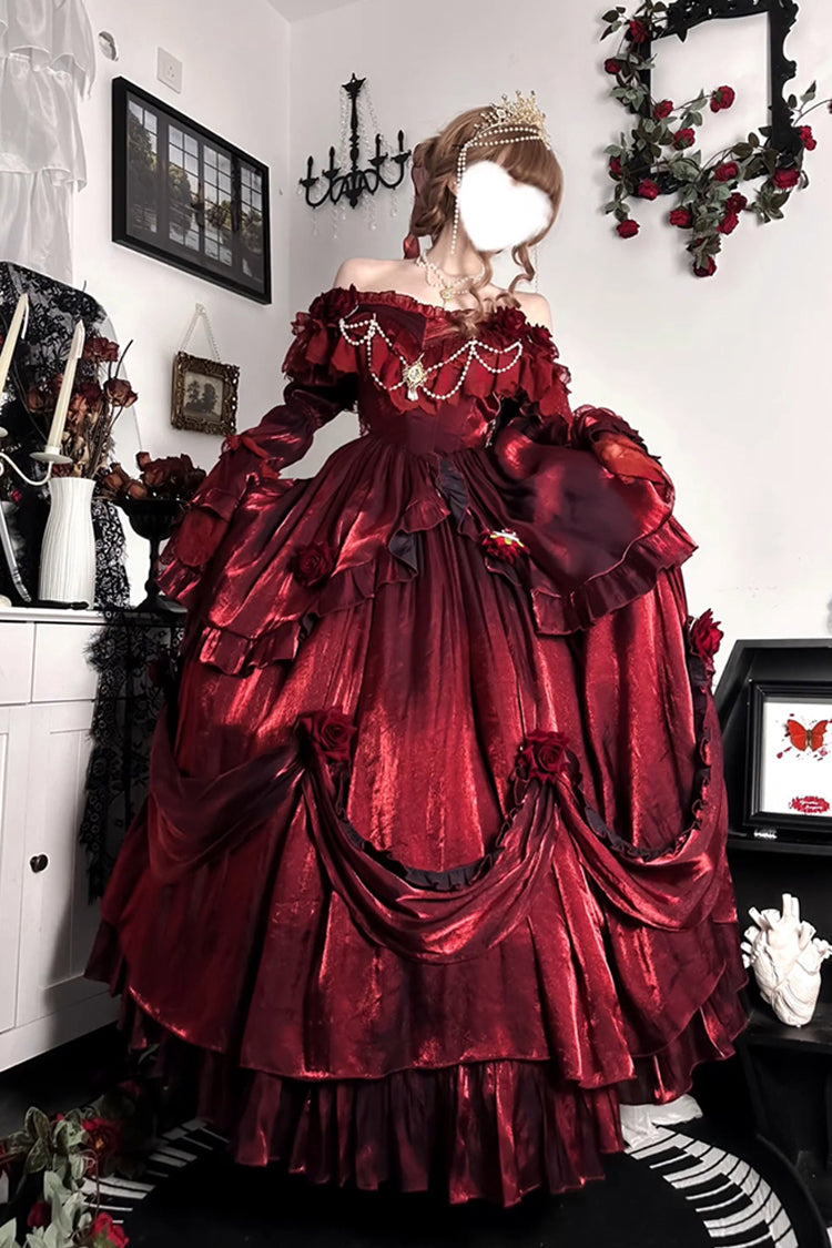 Red Tana Manor Rose Flower Long Sleeves Ruffle Bowknot Elegant Gothic Princess Lolita Strapless Dress - Red - 1