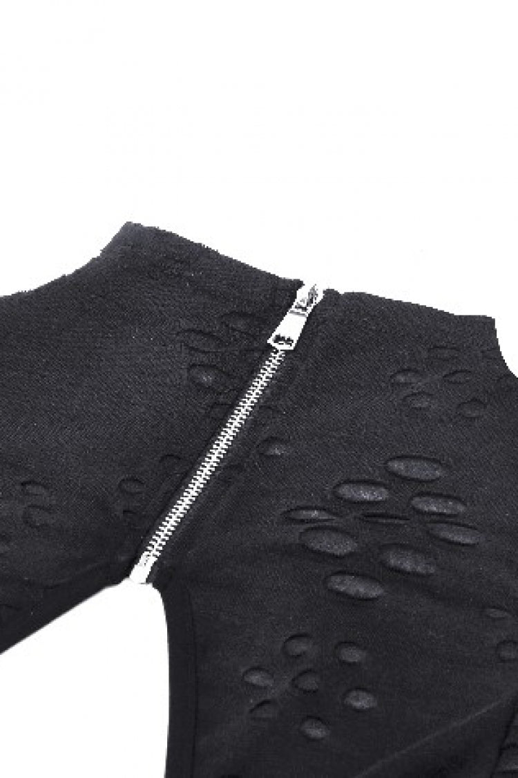 Black Long Sleeves Cut-Out Ripped Zippered Eyelets Women's Punk Distressed Top - Product - 15