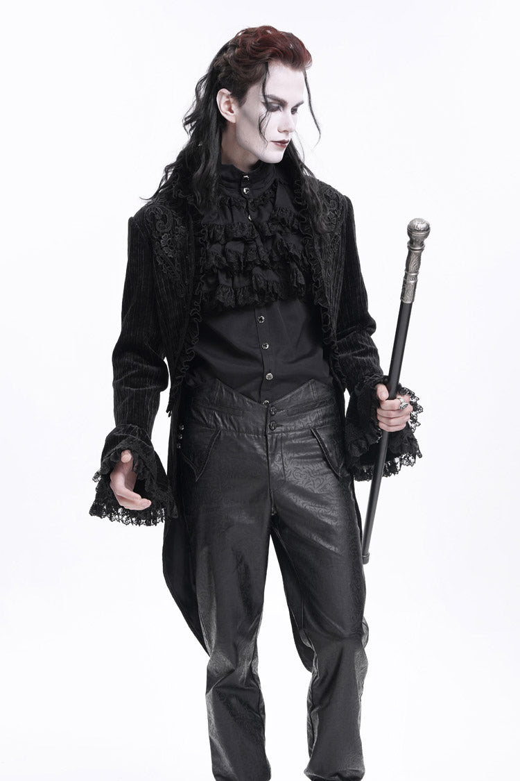 Black Stand Collar Swallow-tailed Long Sleeves Lace Men's Gothic Jacket - Product - 8
