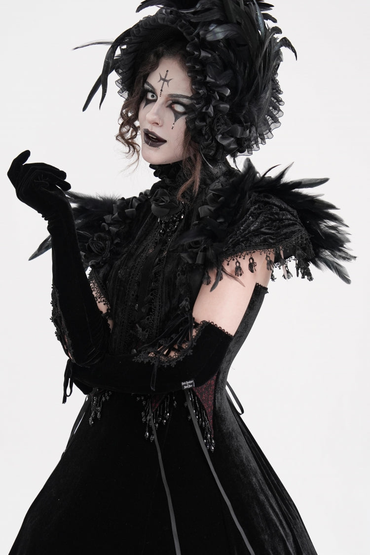 Black Stand Collar Lace Pleated Women's Gothic Tassels Feather Lace Cape - Product - 9