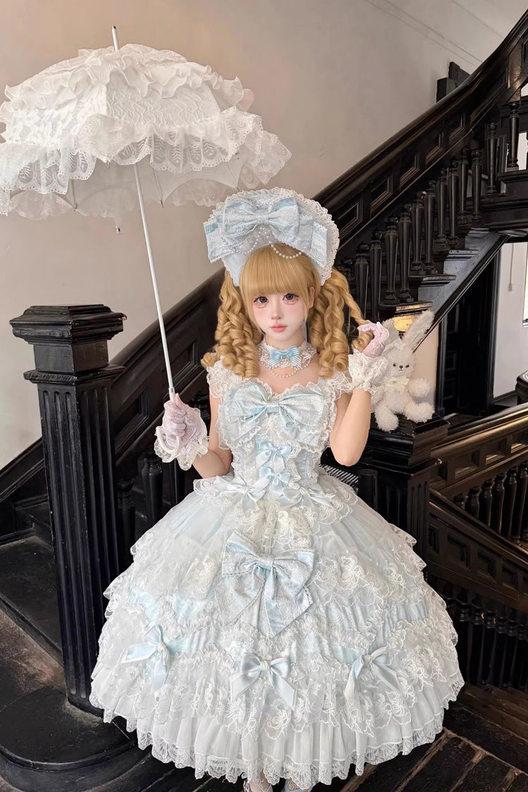 Blue [Sakura Dream Romance] Sleeveless Multi-Layered Ruffled Hanayome Bow Lace Sweet Princess Lolita Jsk Dress - Product - 6